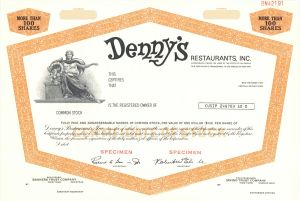 Denny's Restaurants, Inc. - Specimen Stock Certificate - Two Left - Available in Purple or Orange