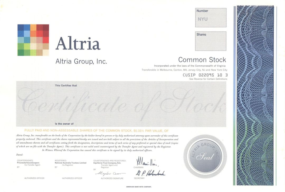 Altria Group, Inc. - Specimen Stock Certificate - Previously Known as the Philip Morris Companies, Inc.