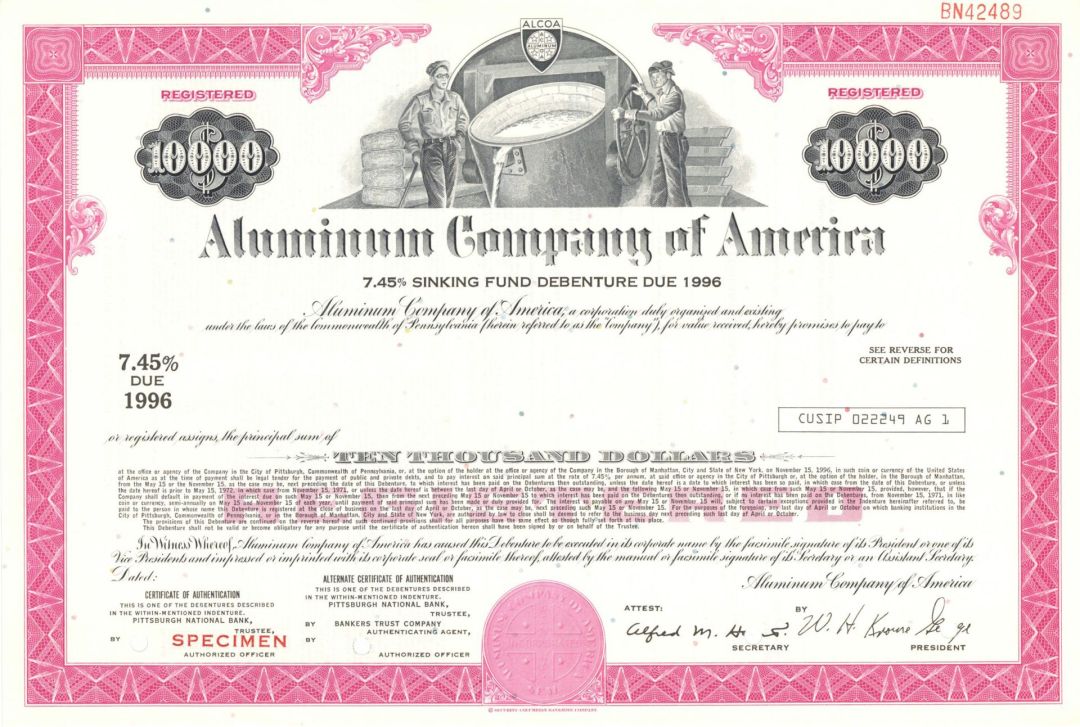 Aluminum Company of America -  1990's $10,000 or $1,000 Specimen Bond
