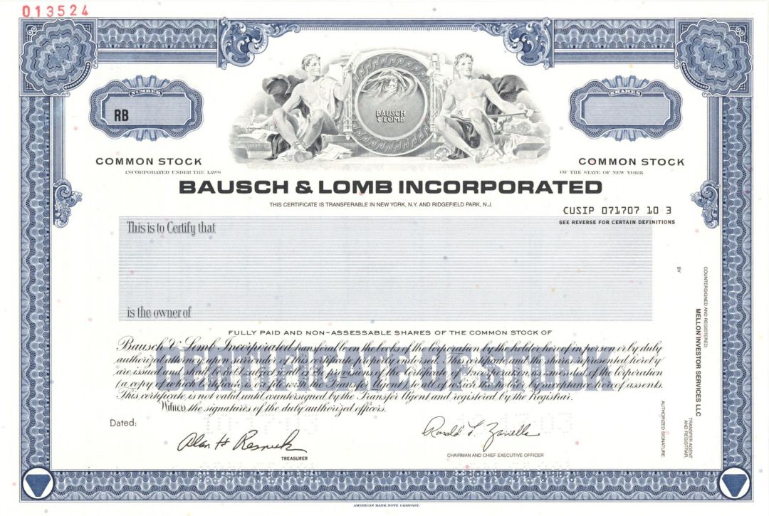 Bausch and Lomb Inc. - 2003 dated Specimen Stock Certificate - Contact Lenses & Lens Care Products