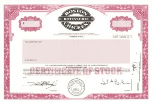 Boston Rotisserie Chicken - 1996 dated Specimen Stock Certificate