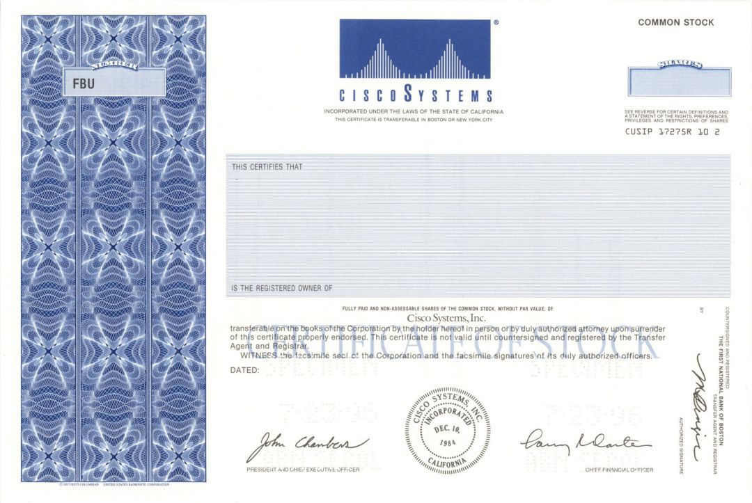 Cisco Systems - 1996 dated Specimen Stock Certificate - Printed Signature of John Chambers