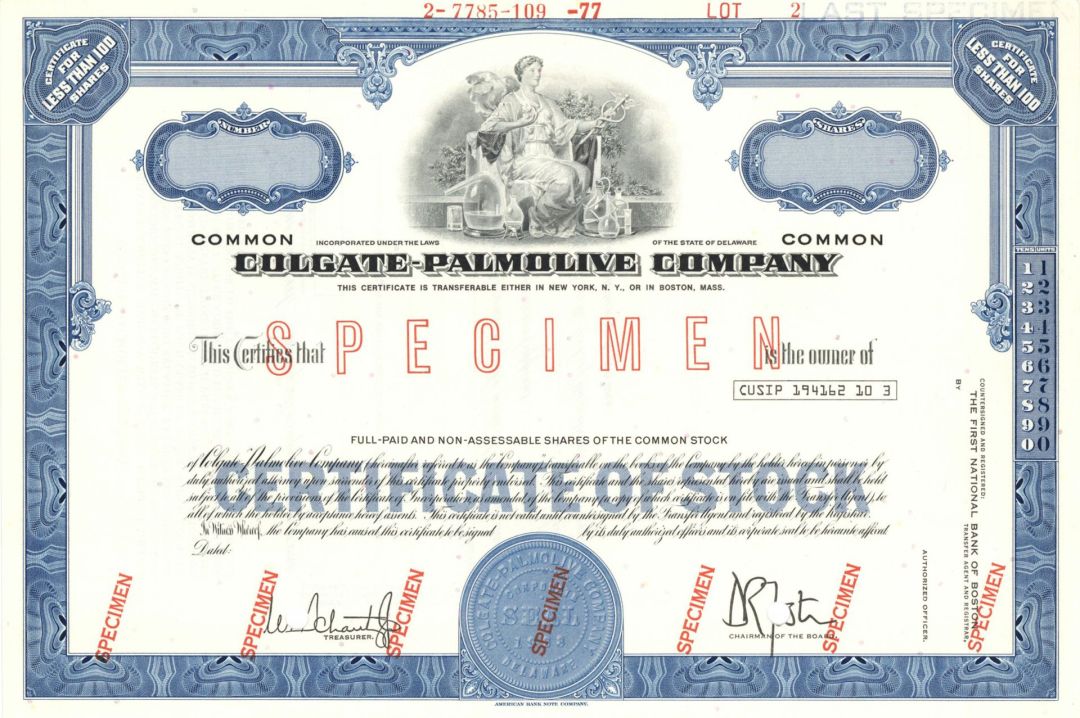 Colgate-Palmolive Co. - circa 1970's Specimen Stock Certificate - Only Olive Color is Left