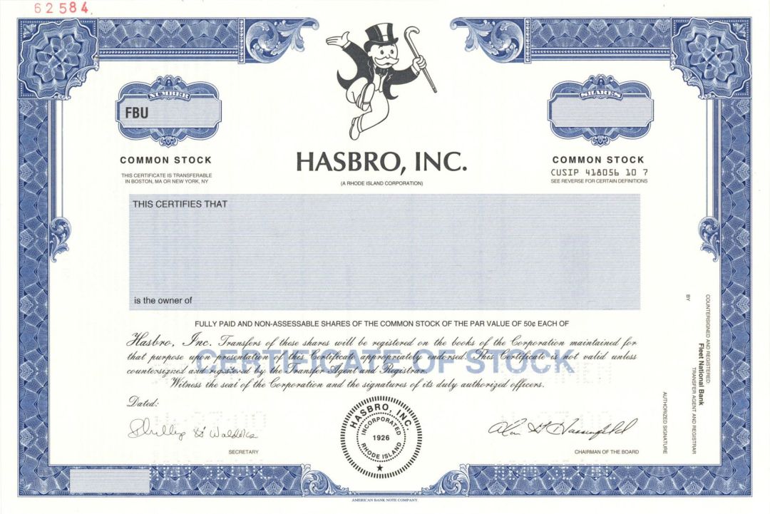Hasbro, Inc. -  1926 Specimen Stock Certificate