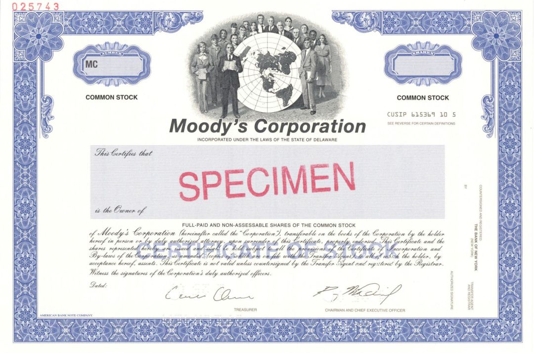 Moody's Corp. - 2007 dated Specimen Stock Certificate - American Business and Financial Services Company
