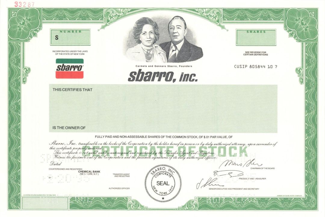 Sbarro, Inc. -  1977 Specimen Stock Certificate