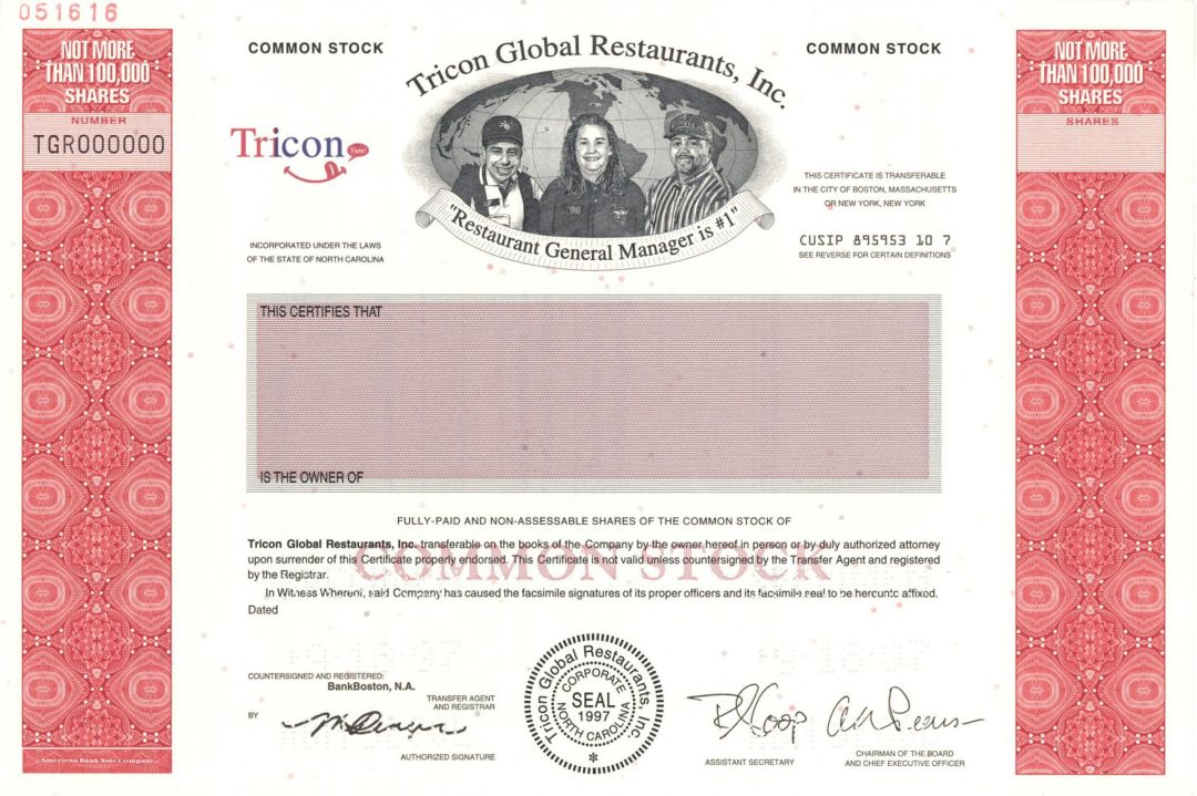 Tricon Global Restaurants, Inc. - 1997 dated Specimen Stock Certificate