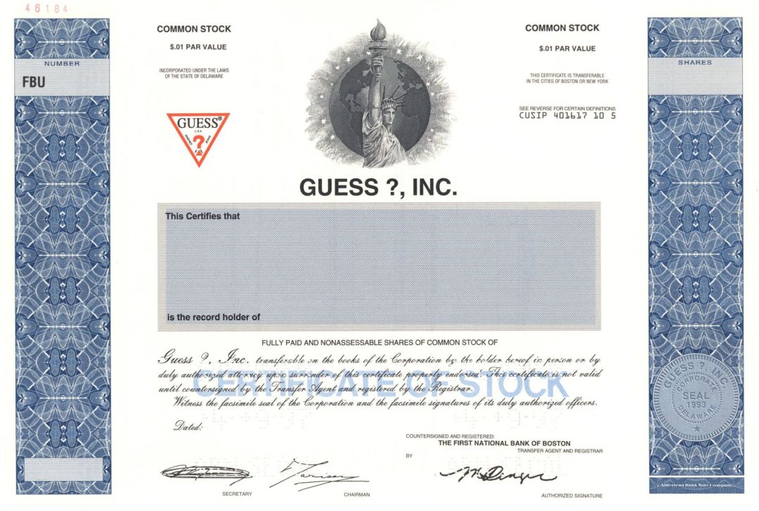Guess ?, Inc. - 1997 dated Specimen Stock Certificate
