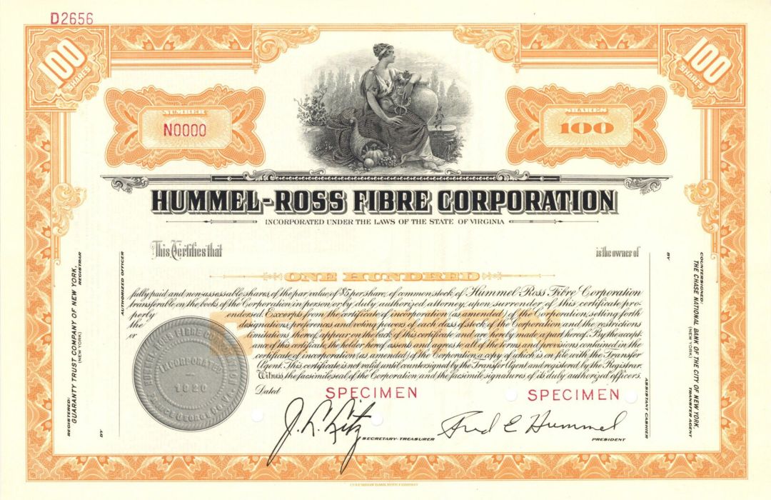 Hummel-Ross Fibre Corp. - 1920 dated Specimen Stock Certificate