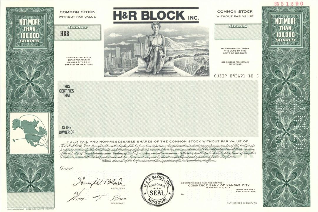 H and R Block Inc. - 3/14/78 dated Specimen Stock Certificate