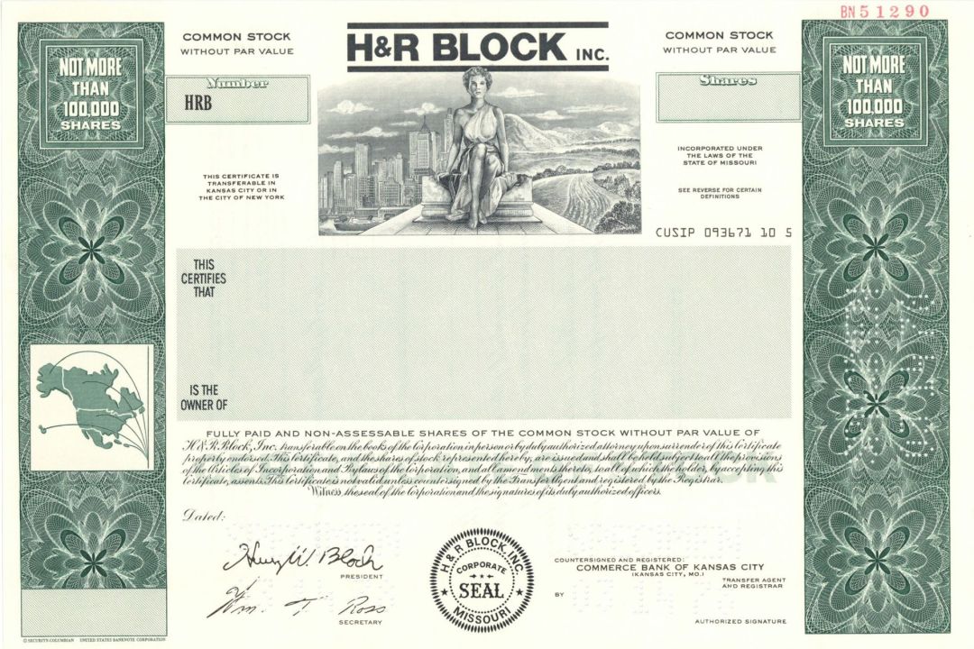 H and R Block Inc. - 1978 dated Specimen Stock Certificate