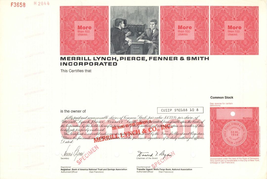Merrill Lynch, Pierce, Fenner and Smith Inc. - Wealth Management Co. - circa 1970's Specimen Stock Certificate