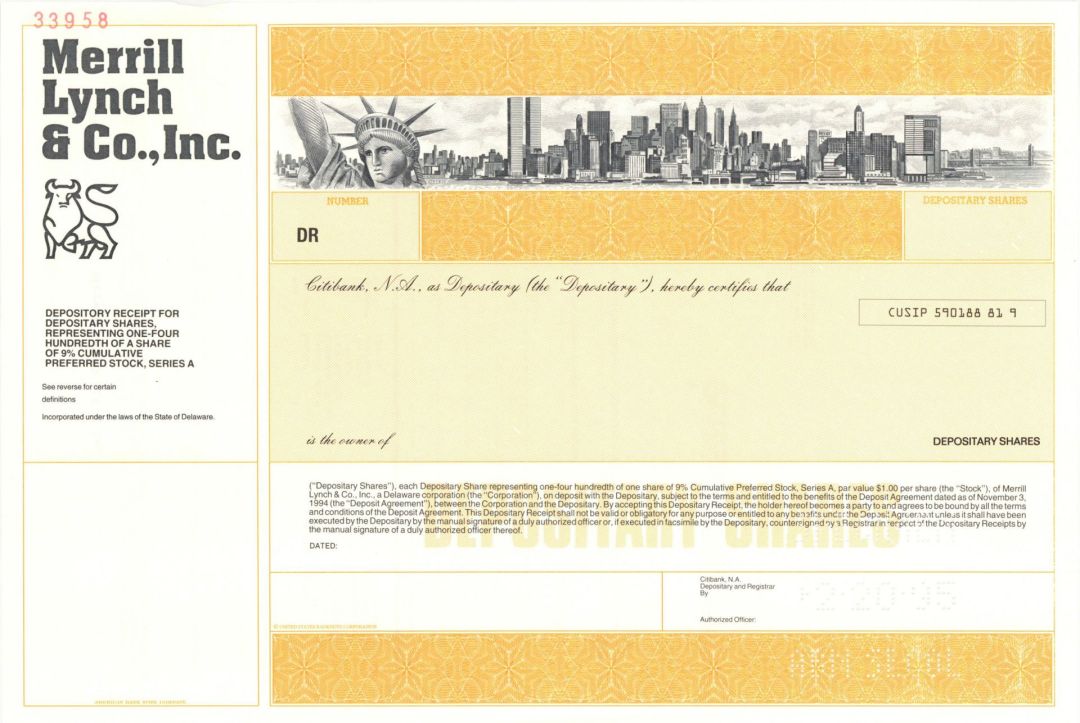 Merrill Lynch and Co., Inc. - Twin Towers or World Trade Center Buildings in the Vignette - 1995 dated Specimen Stock Certificate