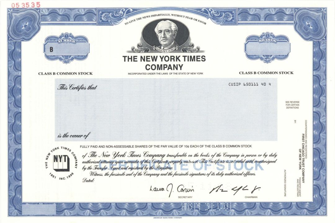 New York Times Co. - 1998 dated Specimen Stock Certificate - Vignette of Adolph S. Ochs