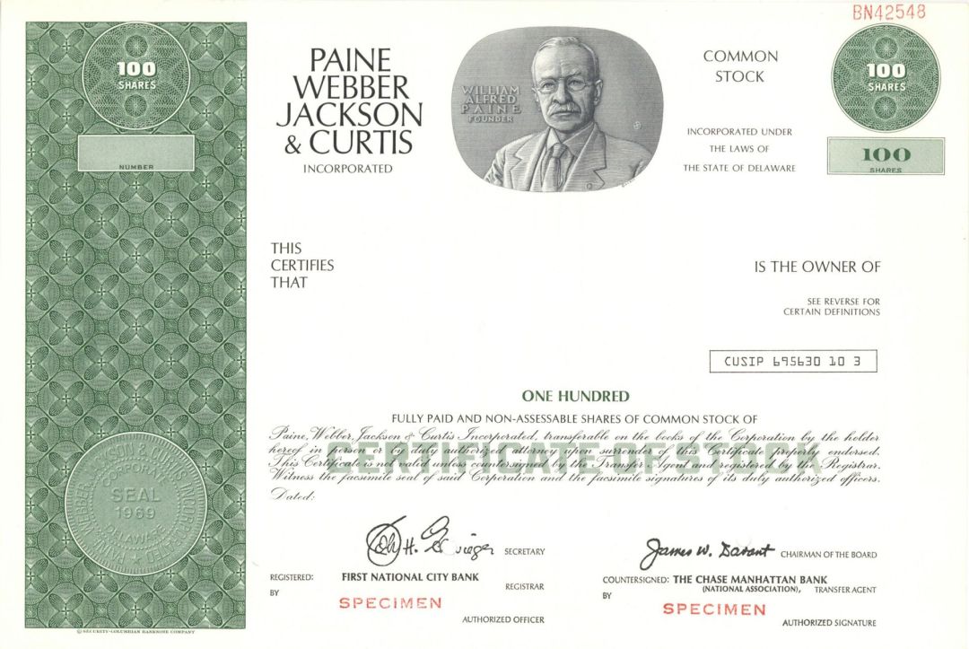 Paine Webber Jackson and Curtis Inc. - 1969 dated Specimen Stock Certificate