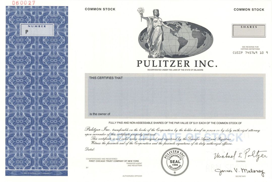 Pulitzer Inc. - 3/11/1998 dated Specimen Stock Certificate