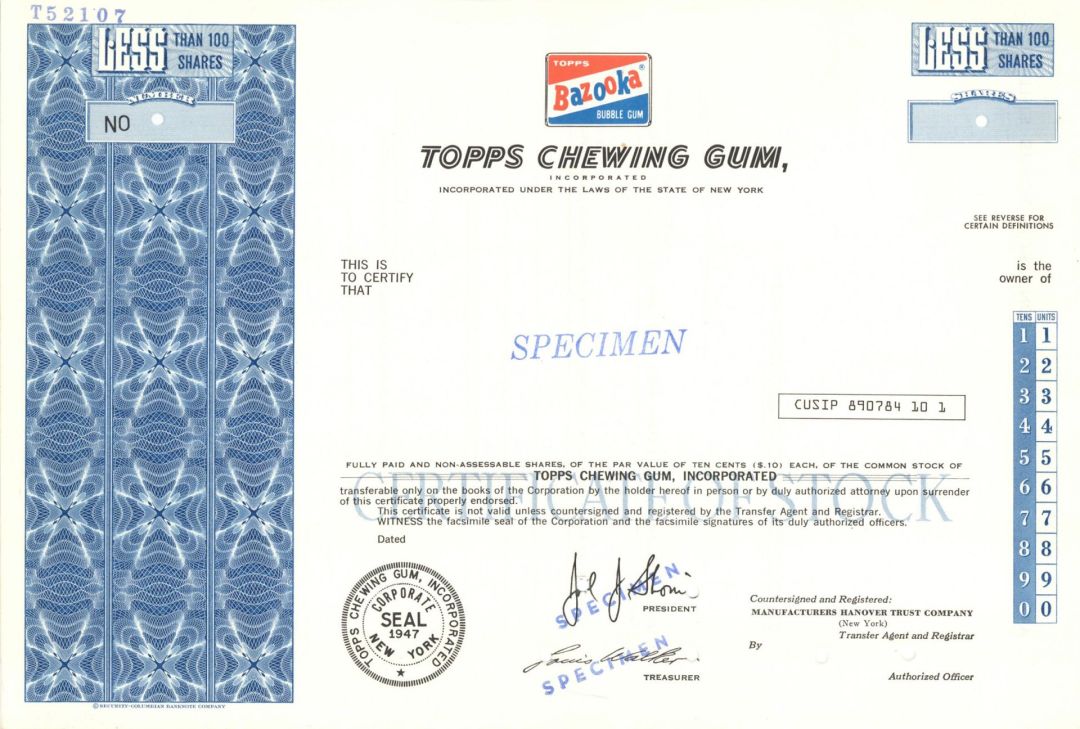 Topps Chewing Gum, Inc. -  1947 Specimen Stock Certificate