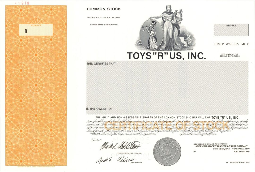 Toys "R" Us, Inc. - 1996 dated Specimen Stock Certificate