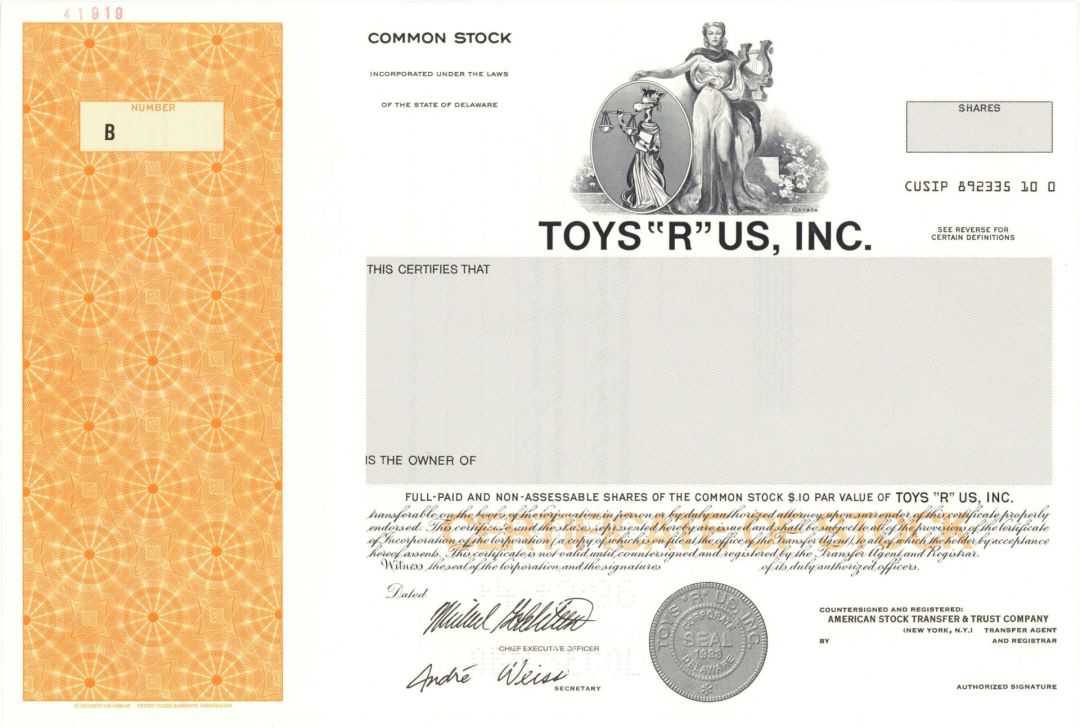 Toys R Us, Inc. - 1996 dated Specimen Stock Certificate