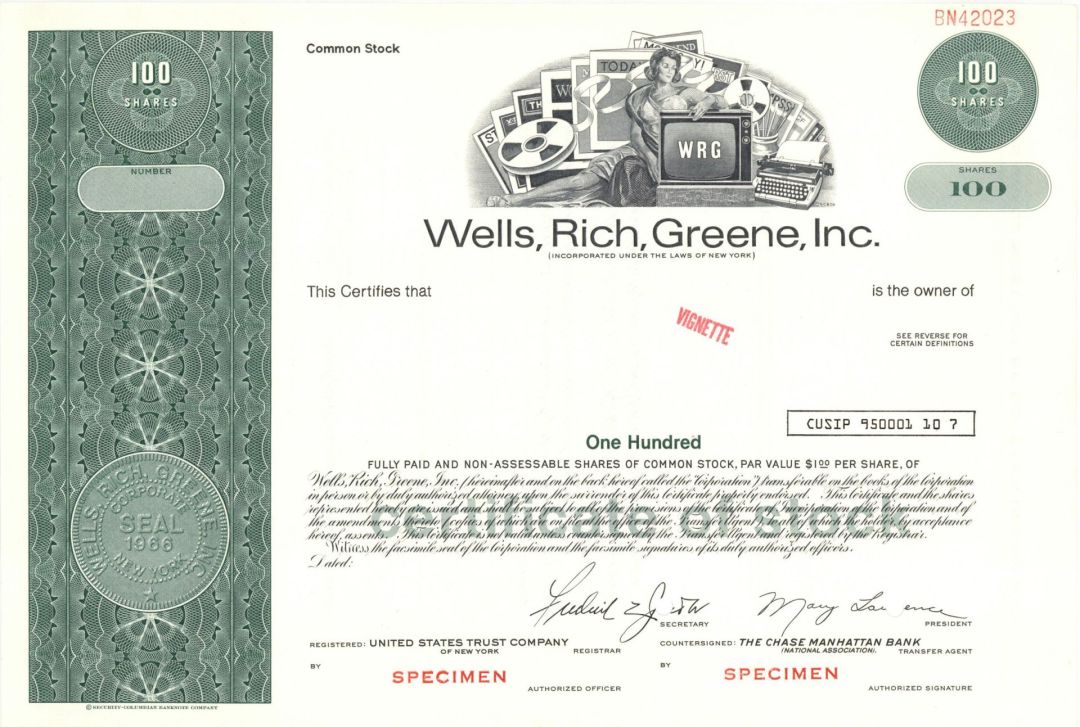 Wells, Rich, Greene, Inc. - 1966 Specimen Stock Certificate