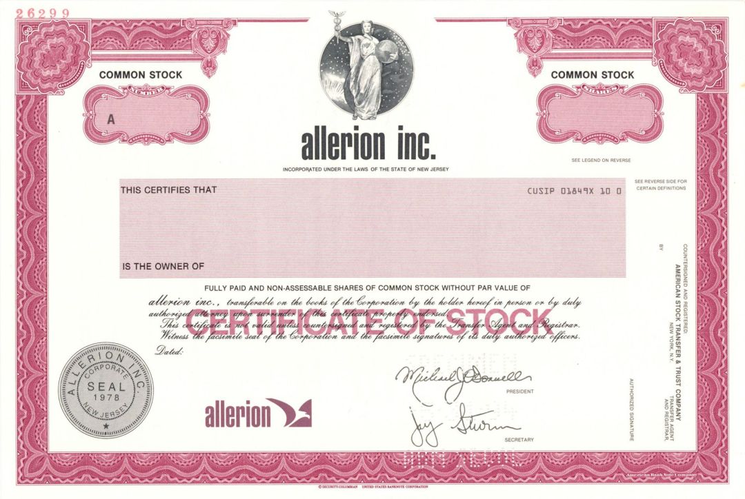 Allerion Inc. - 1994 Specimen Stock Certificate