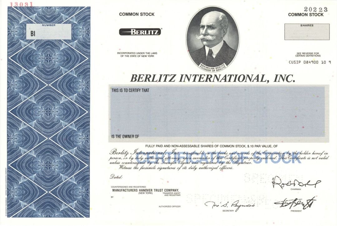 Berlitz International, Inc. -  Specimen Stock Certificate