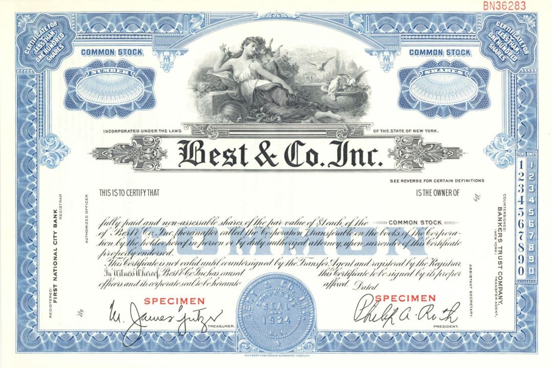 Best and Co. Inc. -  1924 Specimen Stock Certificate