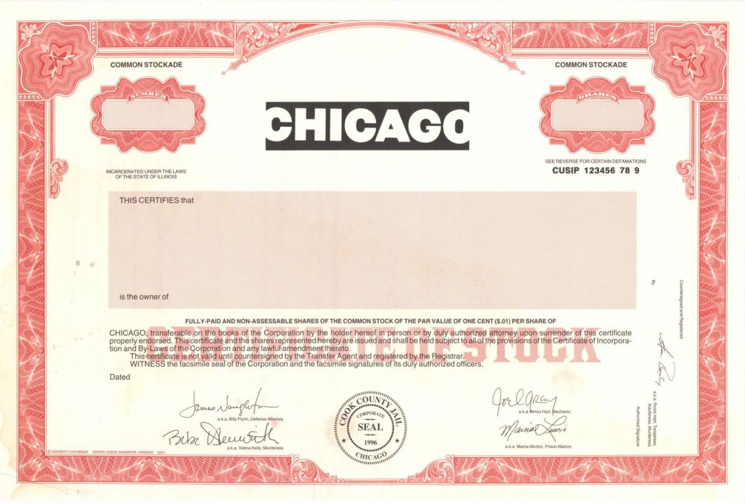 Chicago -  1996 Specimen Stock Certificate