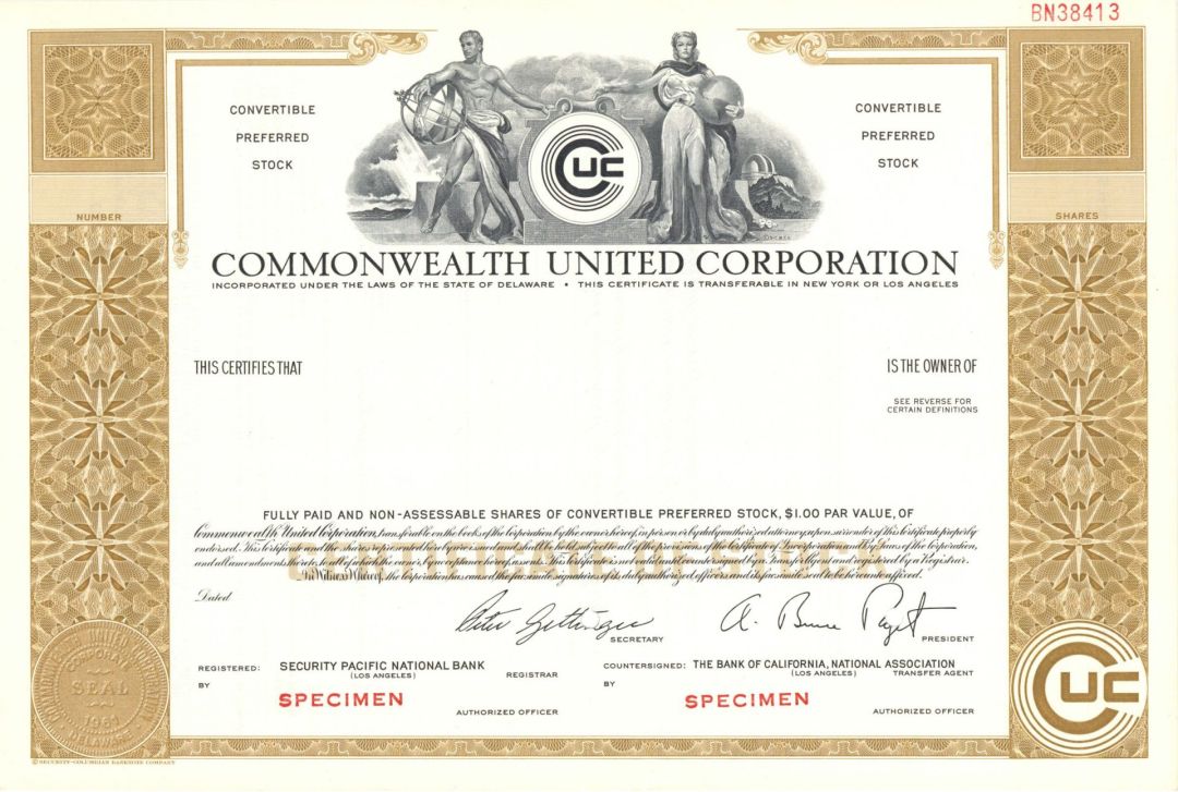 Commonwealth United Corp. -  1961 Specimen Stock Certificate