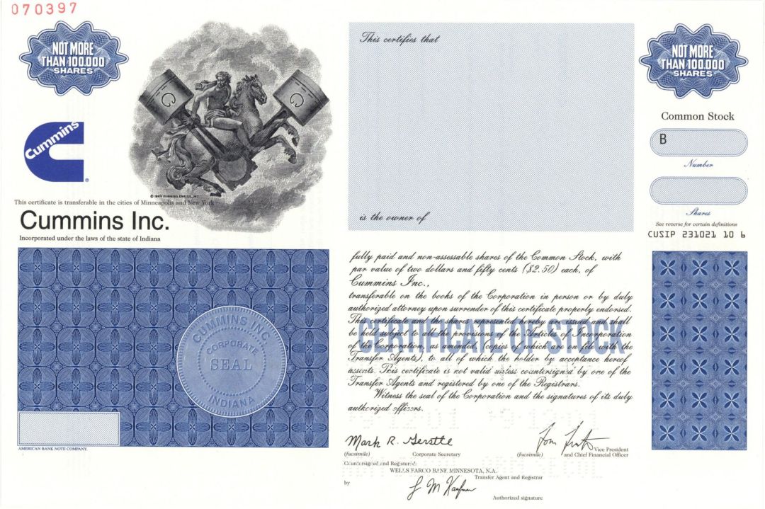 Cummins Inc. - 2005 dated Specimen Stock Certificate