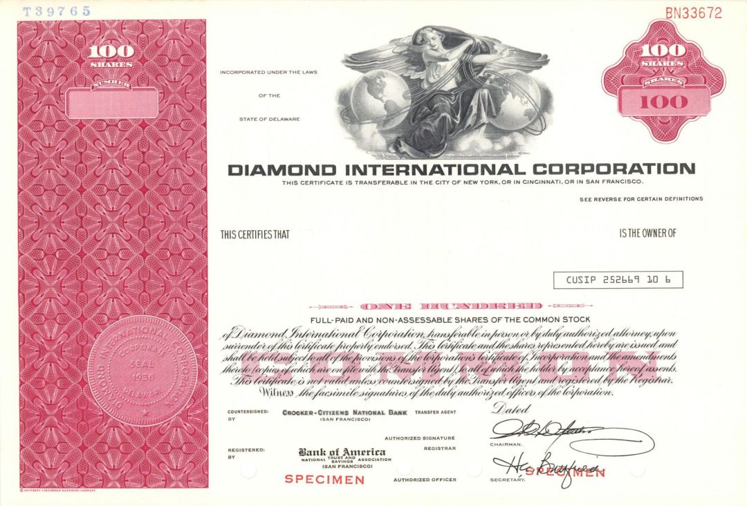 Diamond International Corp. -  1930 Specimen Stock Certificate