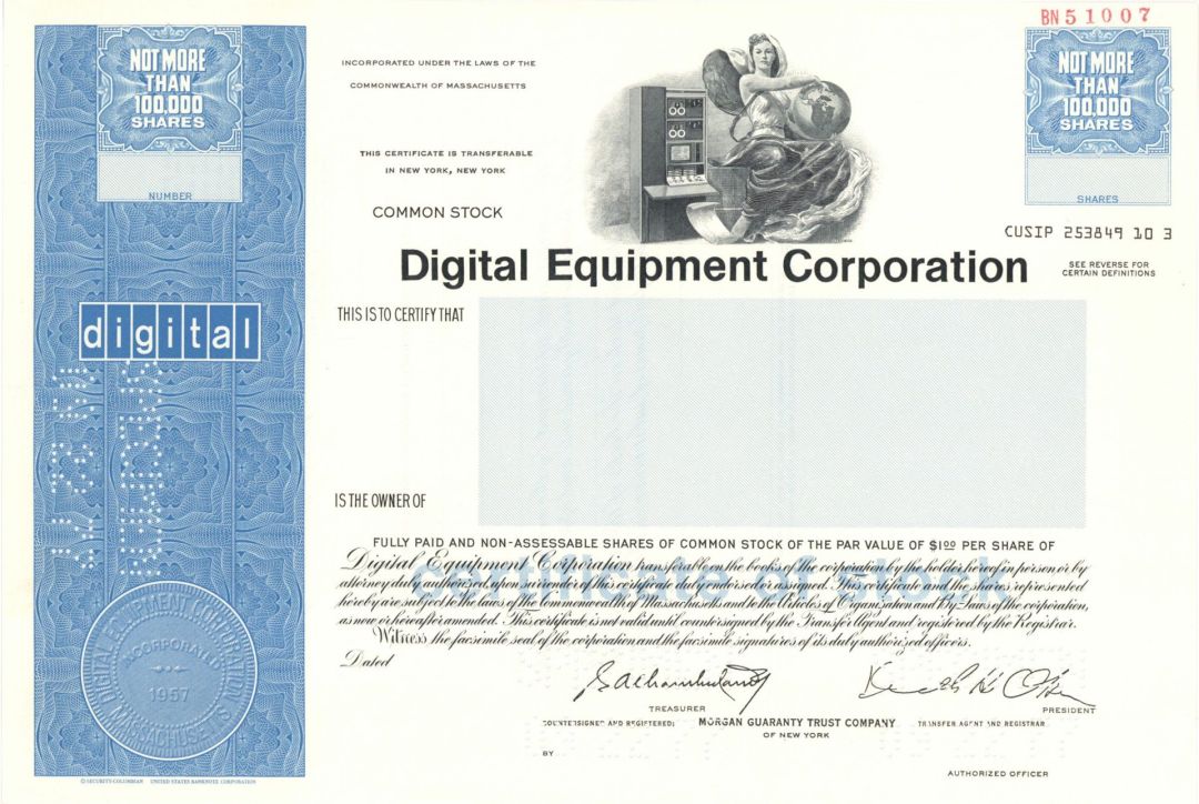 Digital Equipment Corp. -  1977 Specimen Stock Certificate