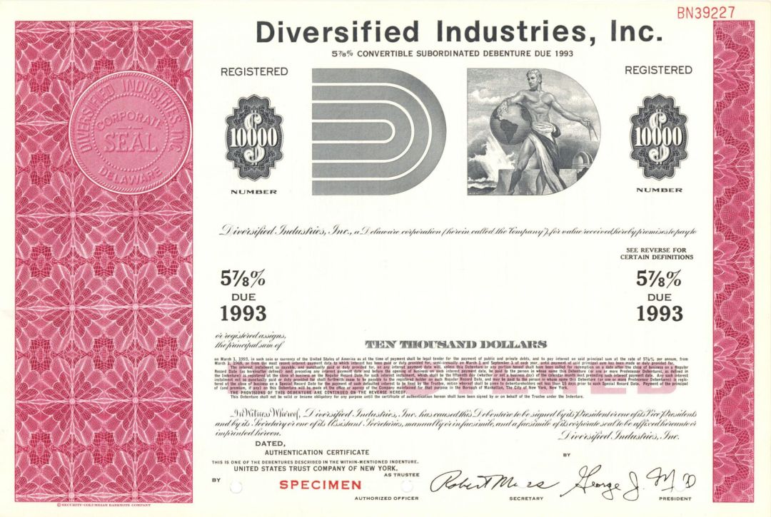 Diversified Industries, Inc. -  $10,000 Specimen Bond