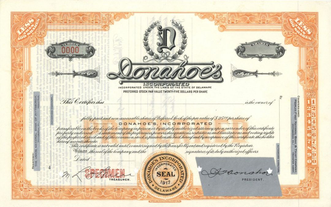 Donahoe's Inc. -  circa 1960's Specimen Stock Certificate