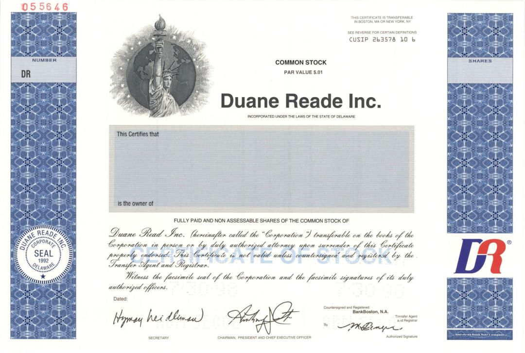Duane Reade Inc. -  1998 Specimen Stock Certificate
