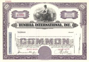 Dunhill International, Inc. - Specimen Stock Certificate - Cigarette Company Incorporated in 1923