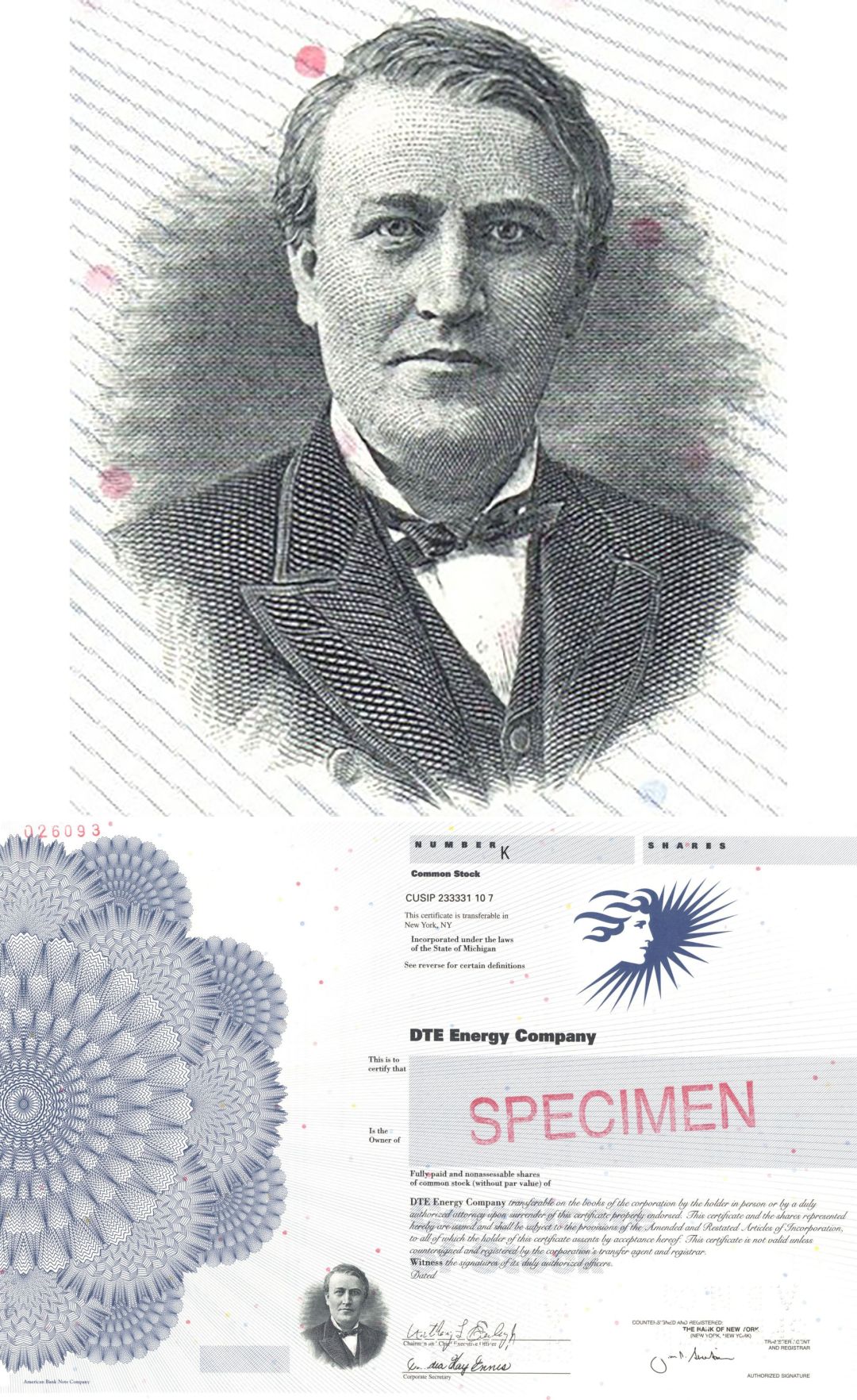 DTE Energy Co. - Vignette of Thomas Alva Edison - Beautiful Specimen Stock Certificate