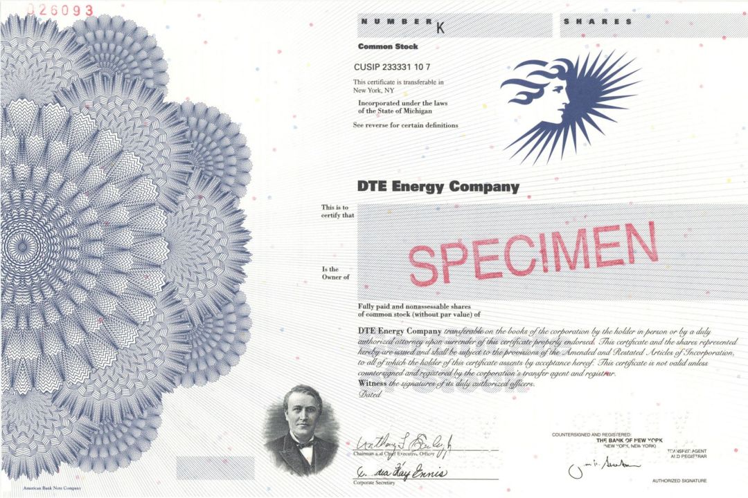 DTE Energy Co. - Vignette of Thomas Alva Edison - Beautiful Specimen Stock Certificate