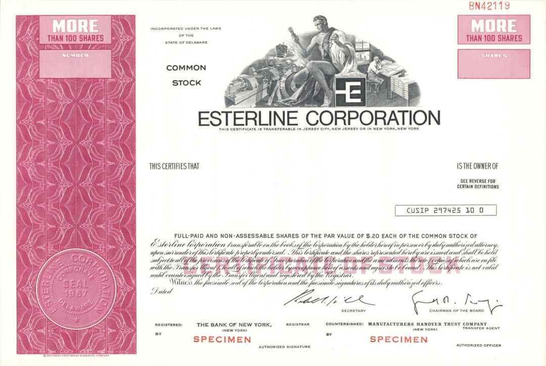 Esterline Corp. -  1967 Specimen Stock Certificate