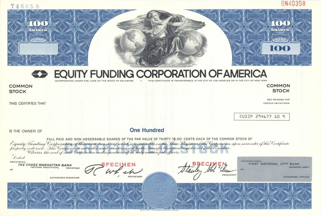 Equity Funding Corporation of America -  1960 Specimen Stock Certificate