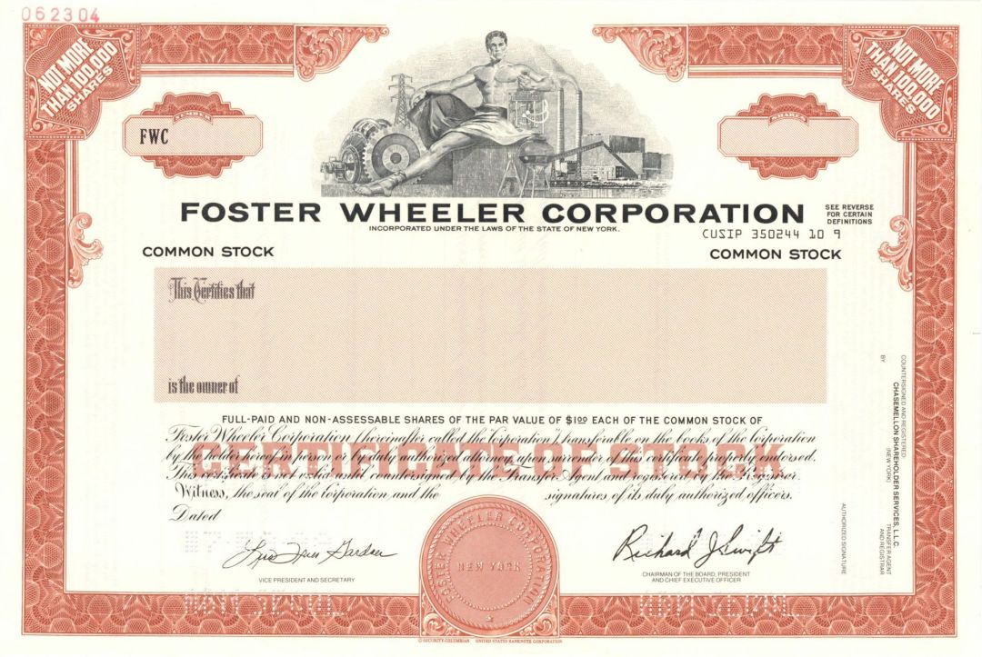 Foster Wheeler Corp. -  1999 Specimen Stock Certificate
