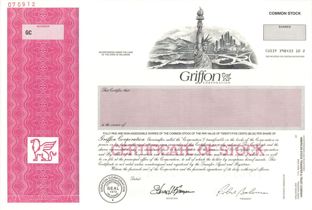 Griffon Corp.  -  2001 Specimen Stock Certificate