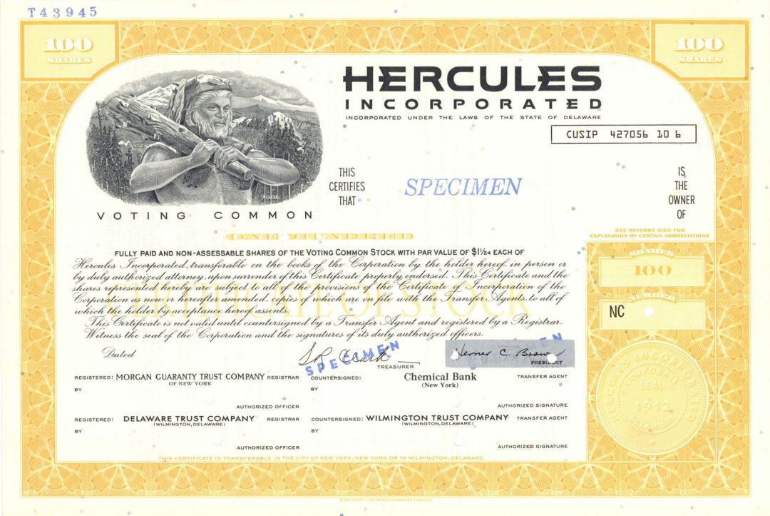 Hercules Inc.  -  1912 Specimen Stock Certificate