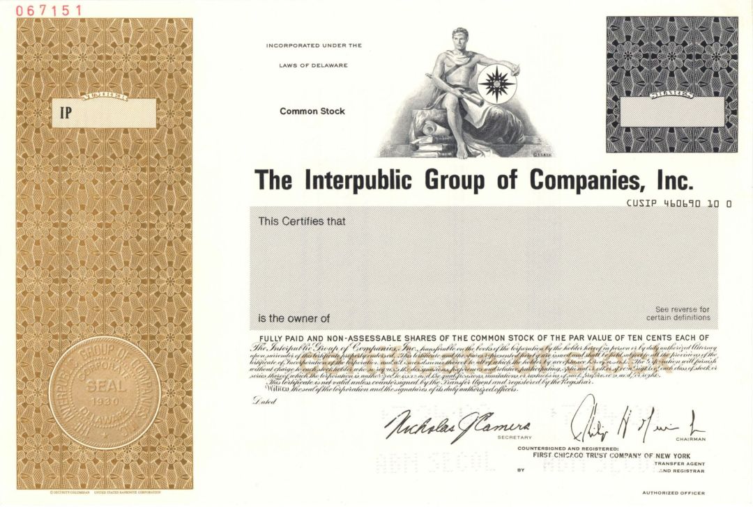 Interpublic Group of Companies, Inc. - 1998 dated Specimen Stock Certificate