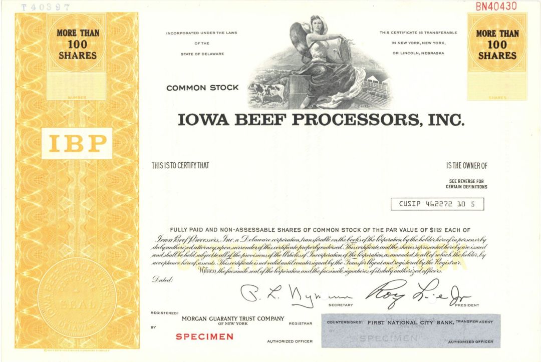 Iowa Beef Processors, Inc.  -  Specimen Stock Certificate