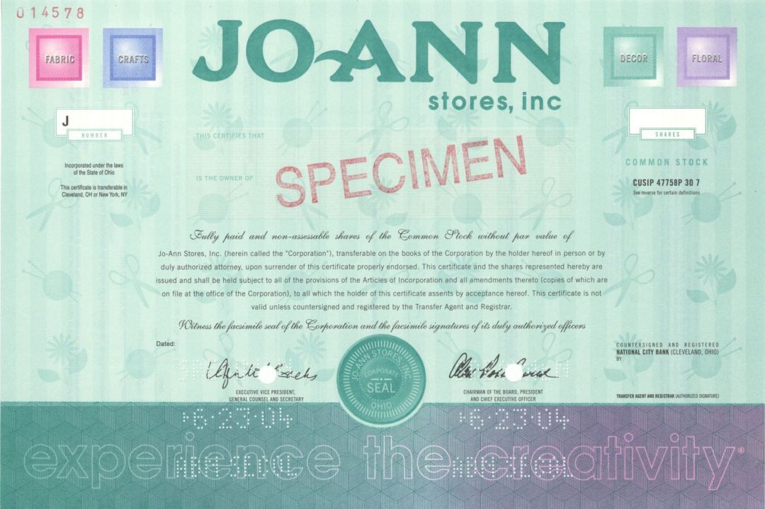 Joann Stores, Inc. - 2004 dated Specimen Stock Certificate
