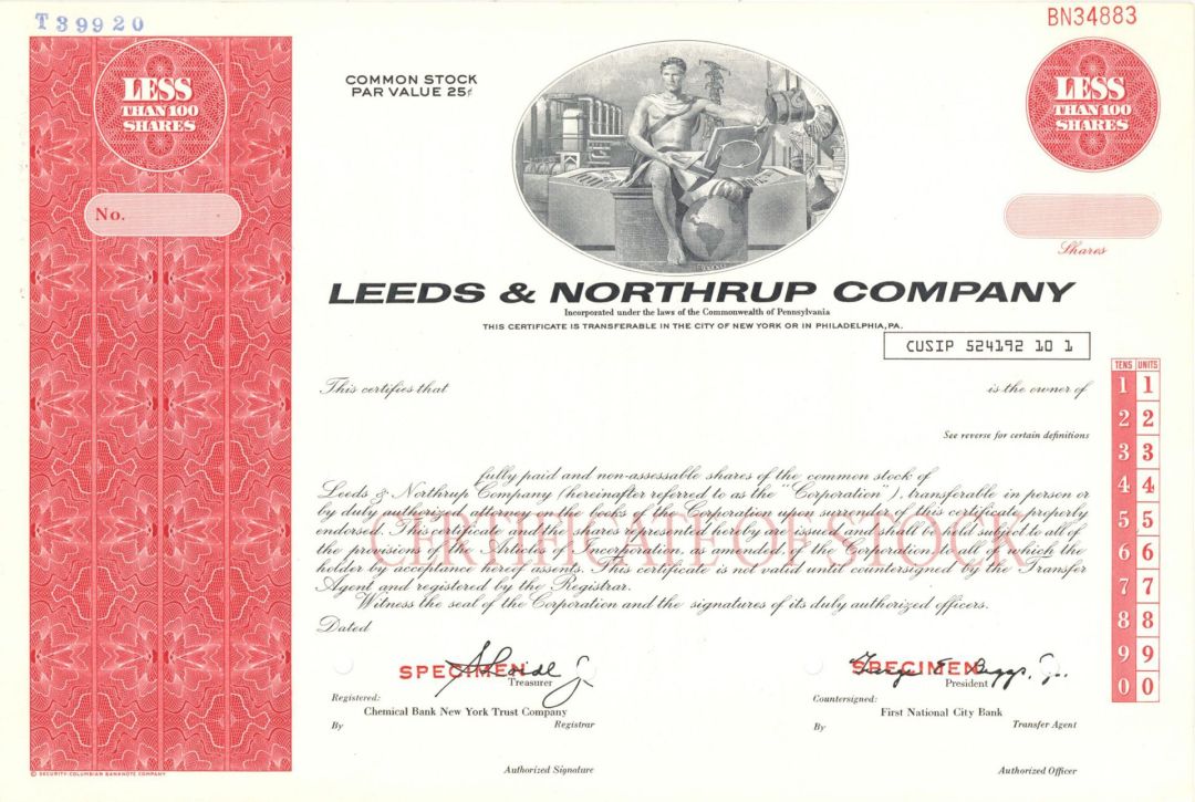 Leeds and Northrup Co.  -  1903 Specimen Stock Certificate