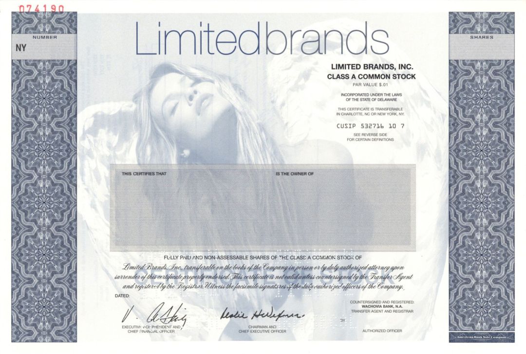 Limited Brands, Inc. - Bath and Body Works - 2002 dated Specimen Stock Certificate - LAST ONE! - Photograph as Background