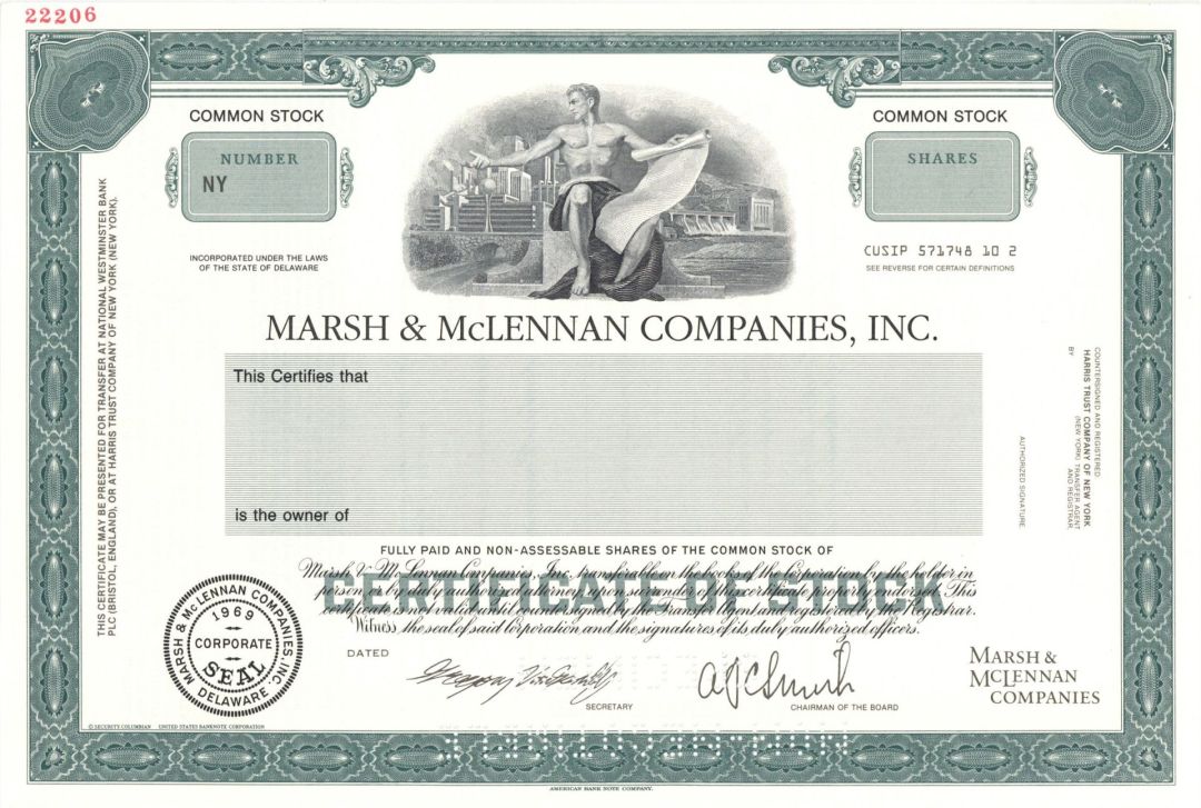 Marsh and McLennan Companies, Inc.  -  1969 Specimen Stock Certificate