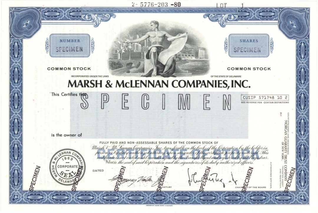 Marsh and McLennan Companies, Inc.  -  1969 Specimen Stock Certificate